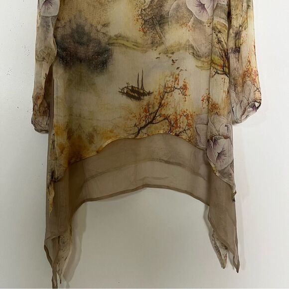 Soft Surroundings Lagenlook Silk Tunic Asian Gold Neutrals Sheer Asymmetrical XS - Picture 3 of 10